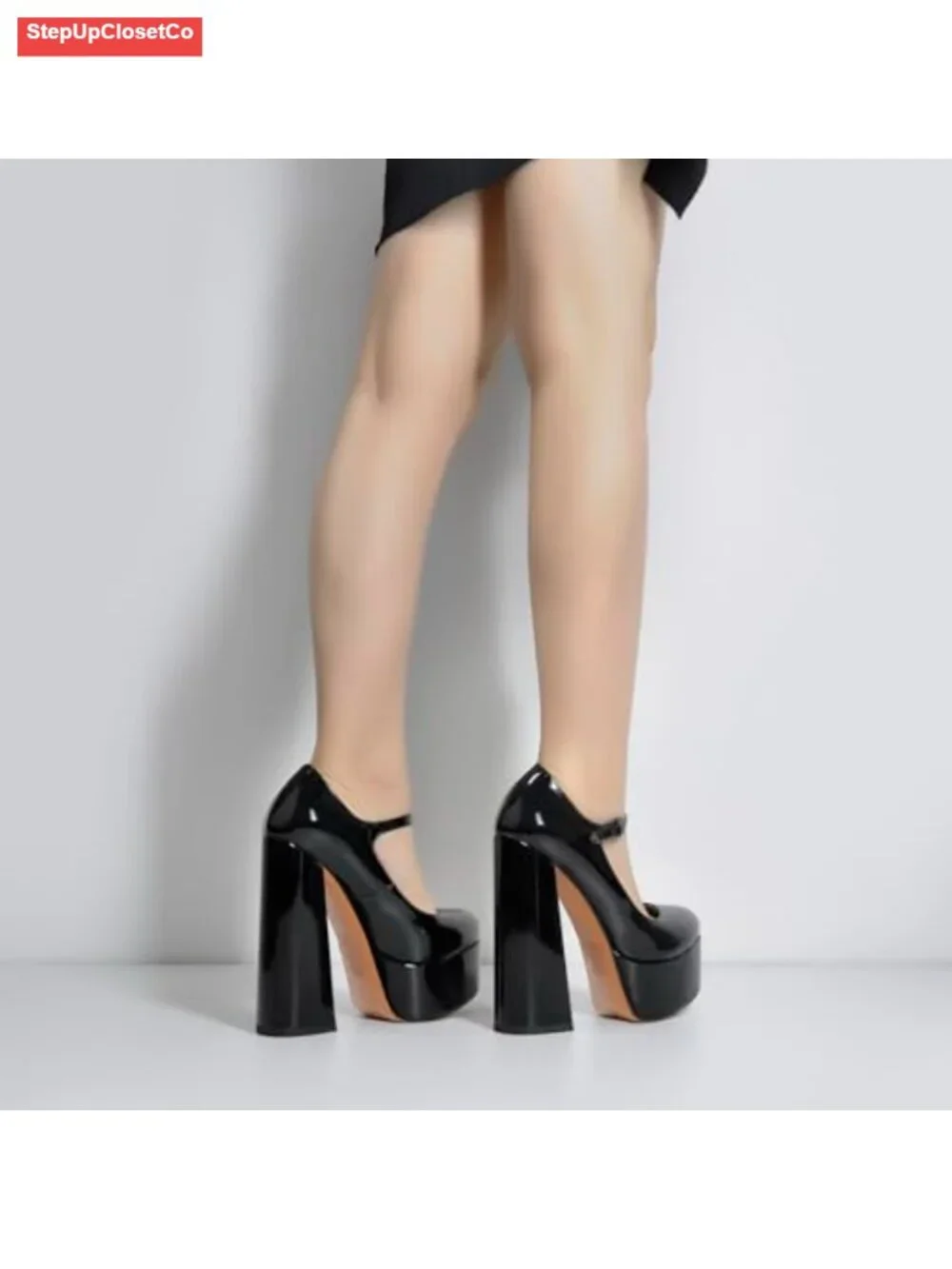Mary Jane Platform Chunky High Heels Ankle Strap Close Toe Pumps Patent Leather